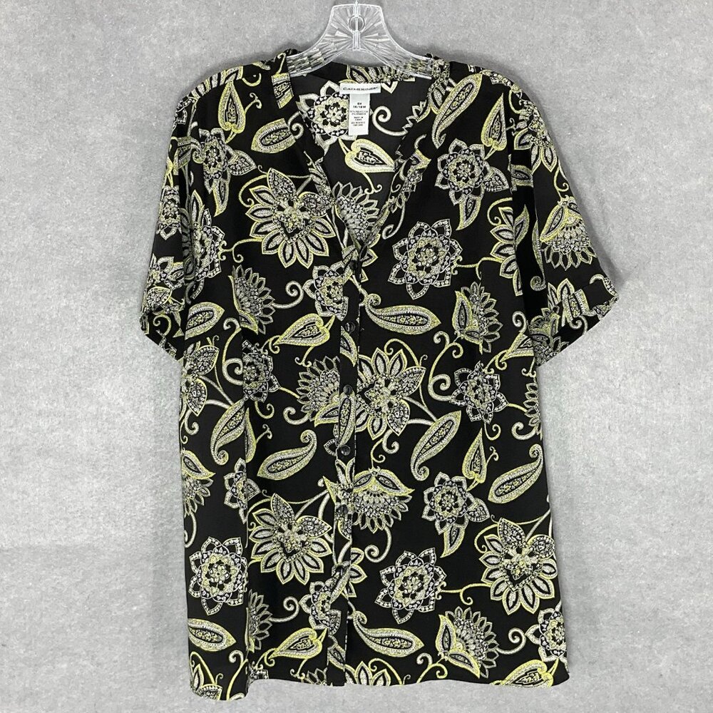 Catherines‎ Top Women 16 W Button Up Floral Short Sleeves V-Neck Casual Travel